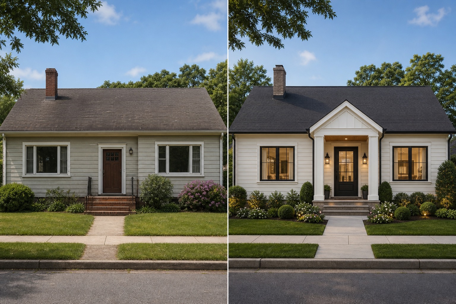 AI home exterior remodel before and after showing paint, trim, and entry updates