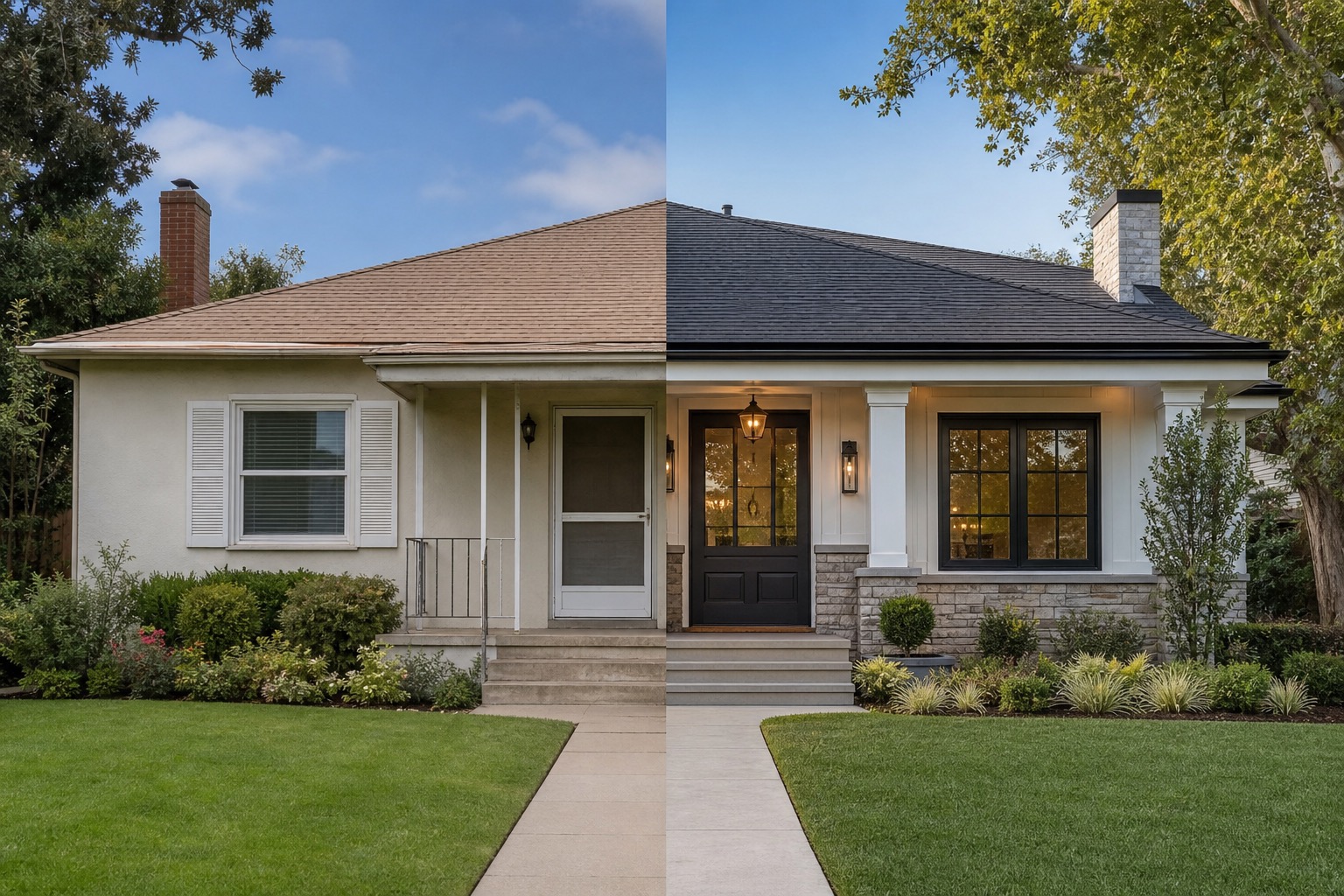 AI home exterior remodel split concept comparing a modest refresh with a larger facade update