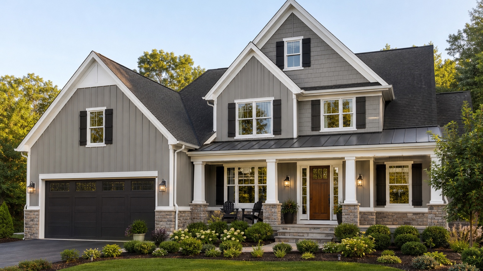 AI house color visualizer showing a finished exterior palette with updated siding color, trim, door, and garage