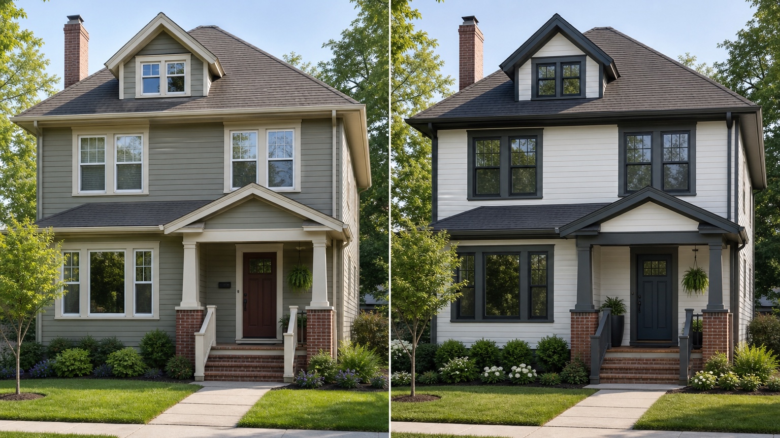 AI house color visualizer before and after comparing exterior body color, trim, front door, and garage palette