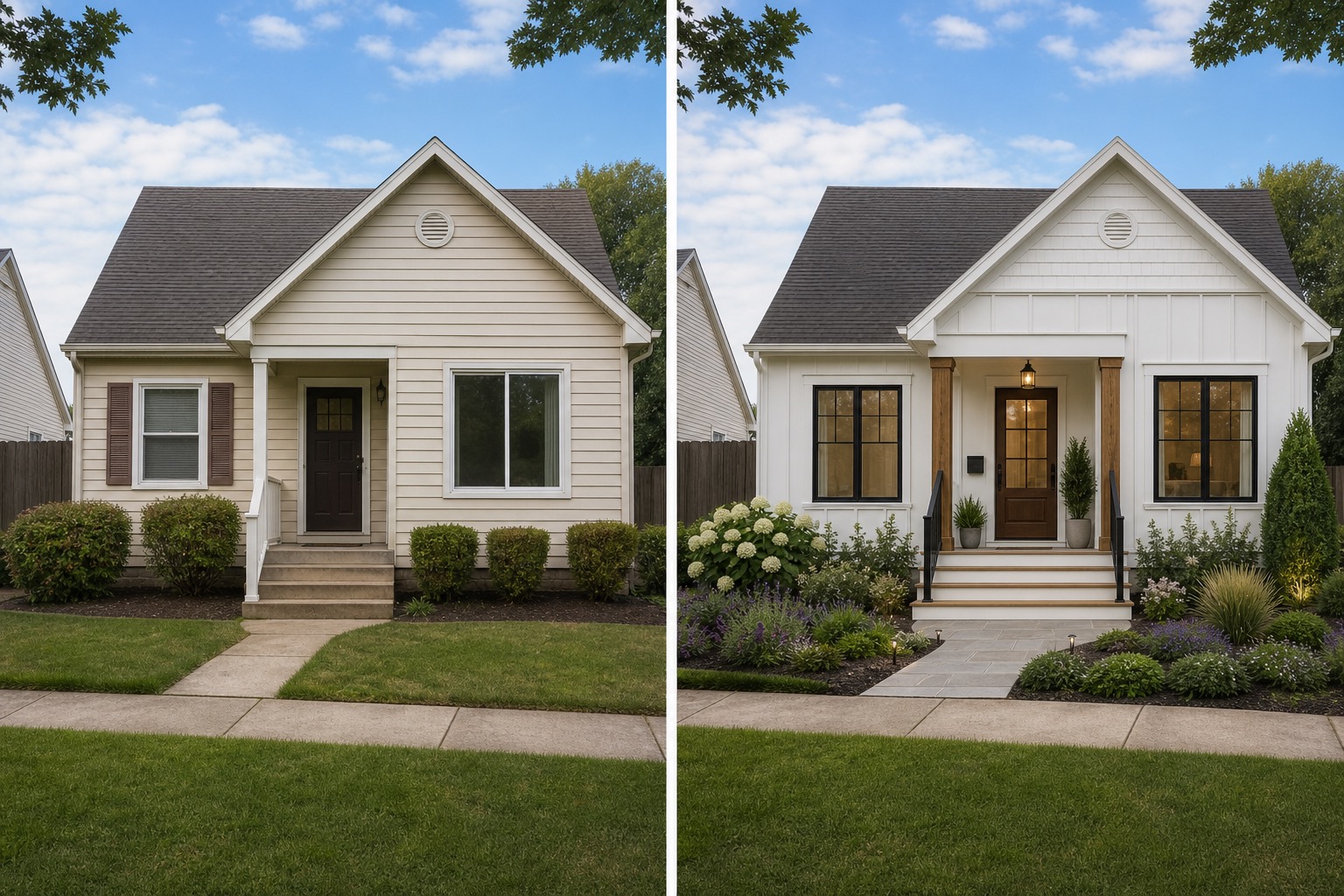 AI house exterior design generator comparing siding, trim, garage door, and front entry options
