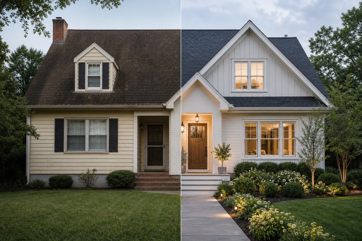 AI house exterior design generator showing a quote-ready before and after curb appeal plan