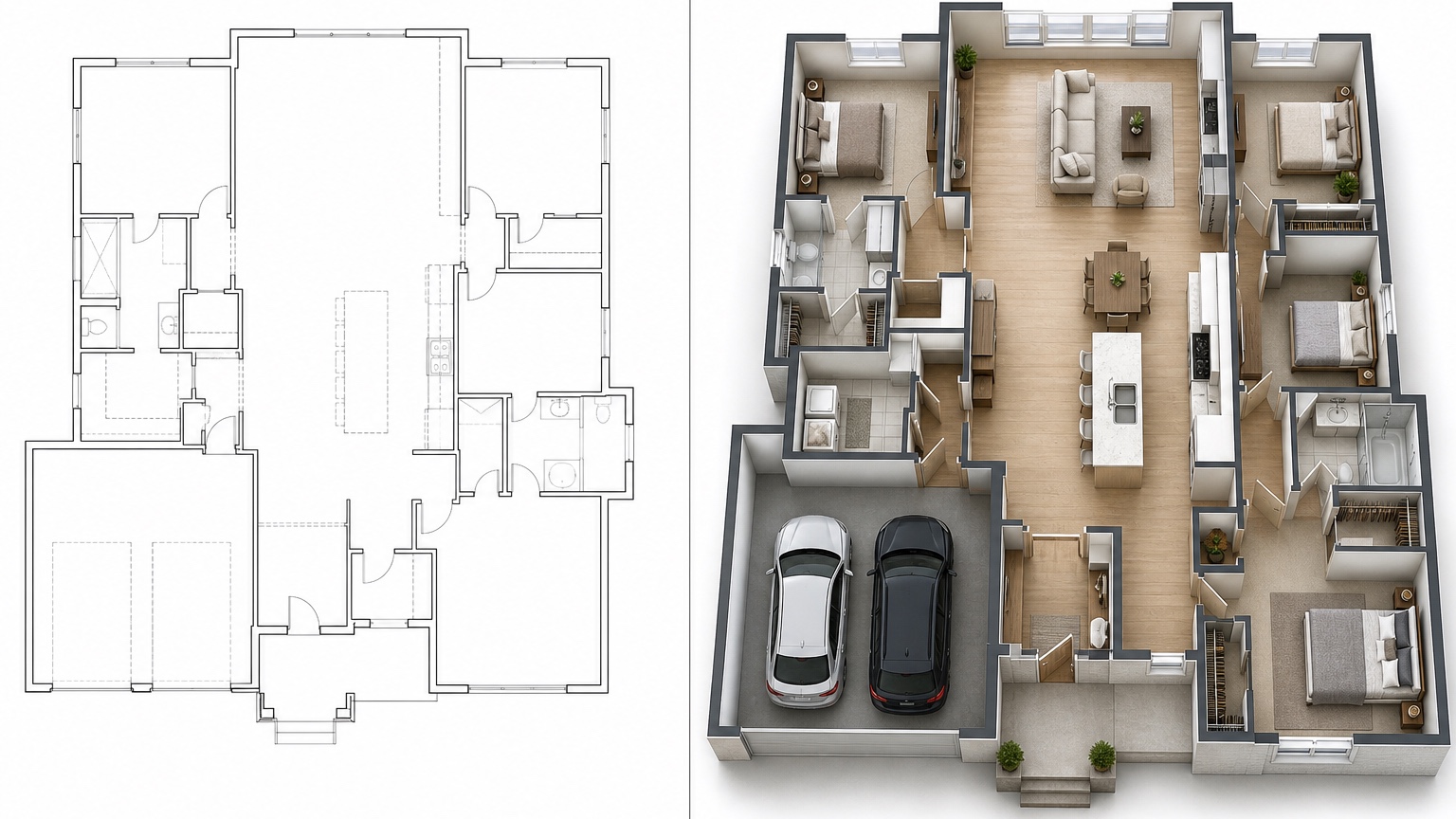 AI house plan visualizer before and after showing a 2D plan translated into entry, kitchen, bedroom, garage, and circulation zones for review