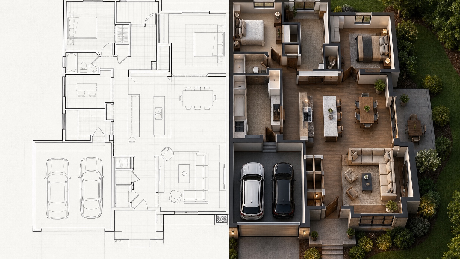 AI house plan visualizer split view showing garage-to-mudroom flow, kitchen work zones, and bedroom privacy checks before construction