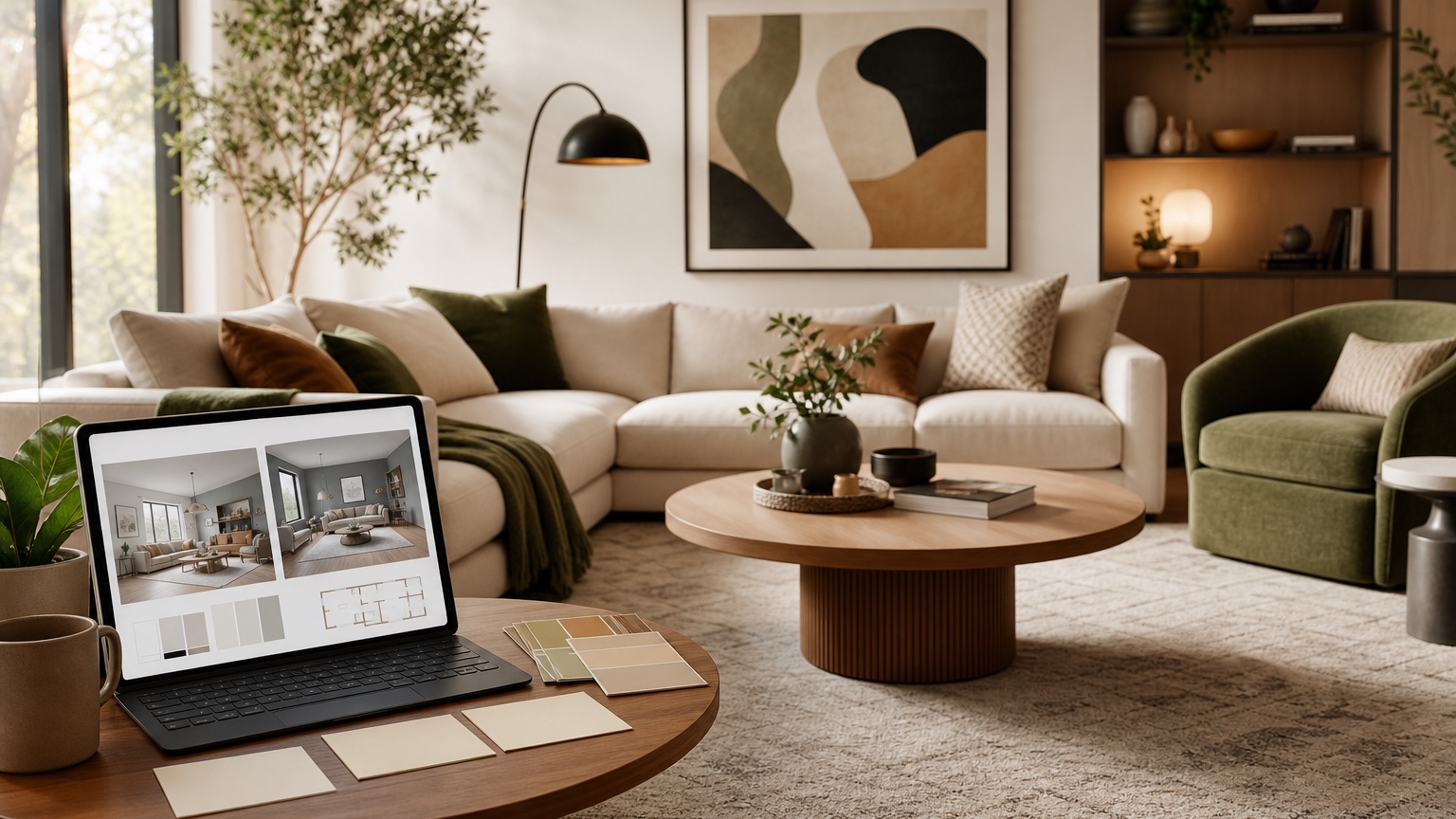 AI interior design app workspace showing a room photo turned into several realistic makeover directions with prompts and saved variations