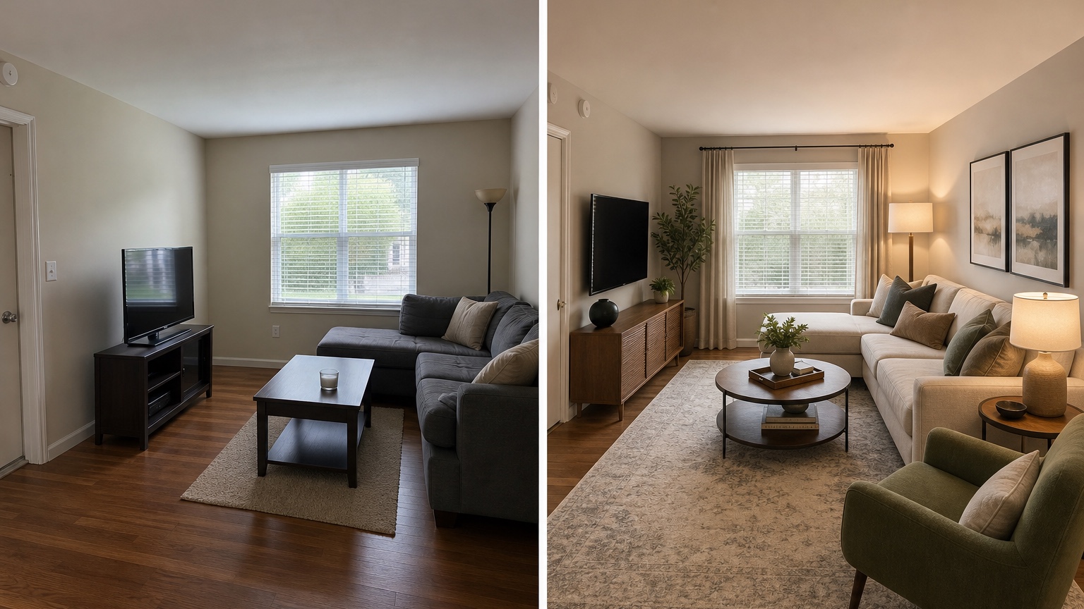AI interior design app before and after screen showing a real room photo remixed into practical decor, layout, color, and lighting options