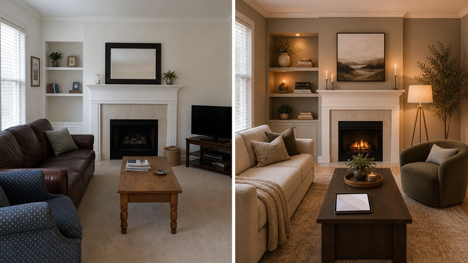 AI interior design app comparison board showing saved prompt history, reference images, and remix variations for one room makeover