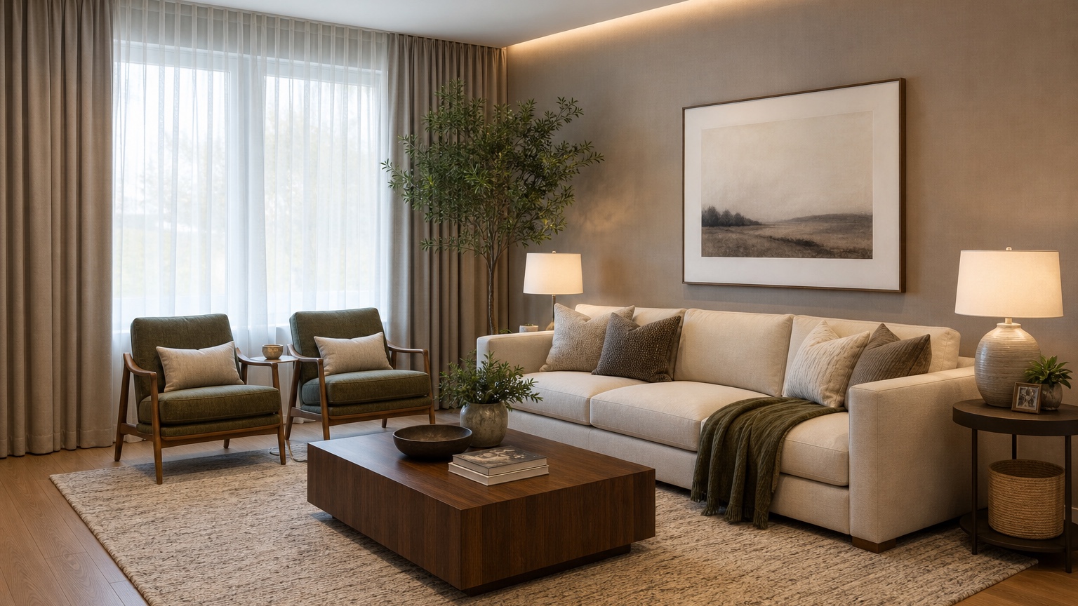 AI interior design from photo showing a realistic living room redesign with preserved windows, flooring, and layout constraints