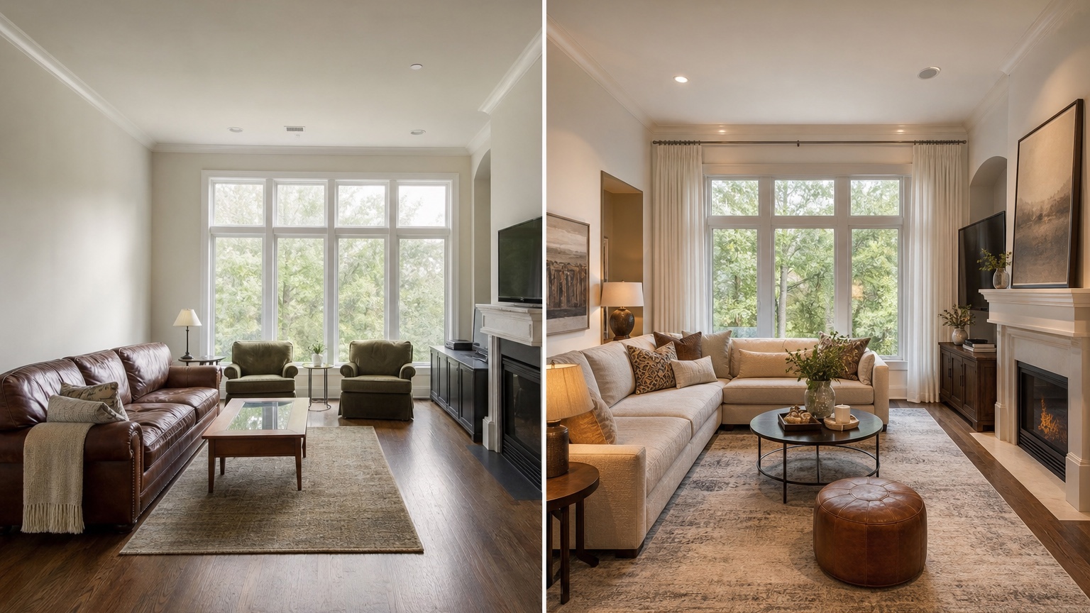 AI interior design from photo before and after side by side showing a real room translated into a more cohesive furniture and decor concept