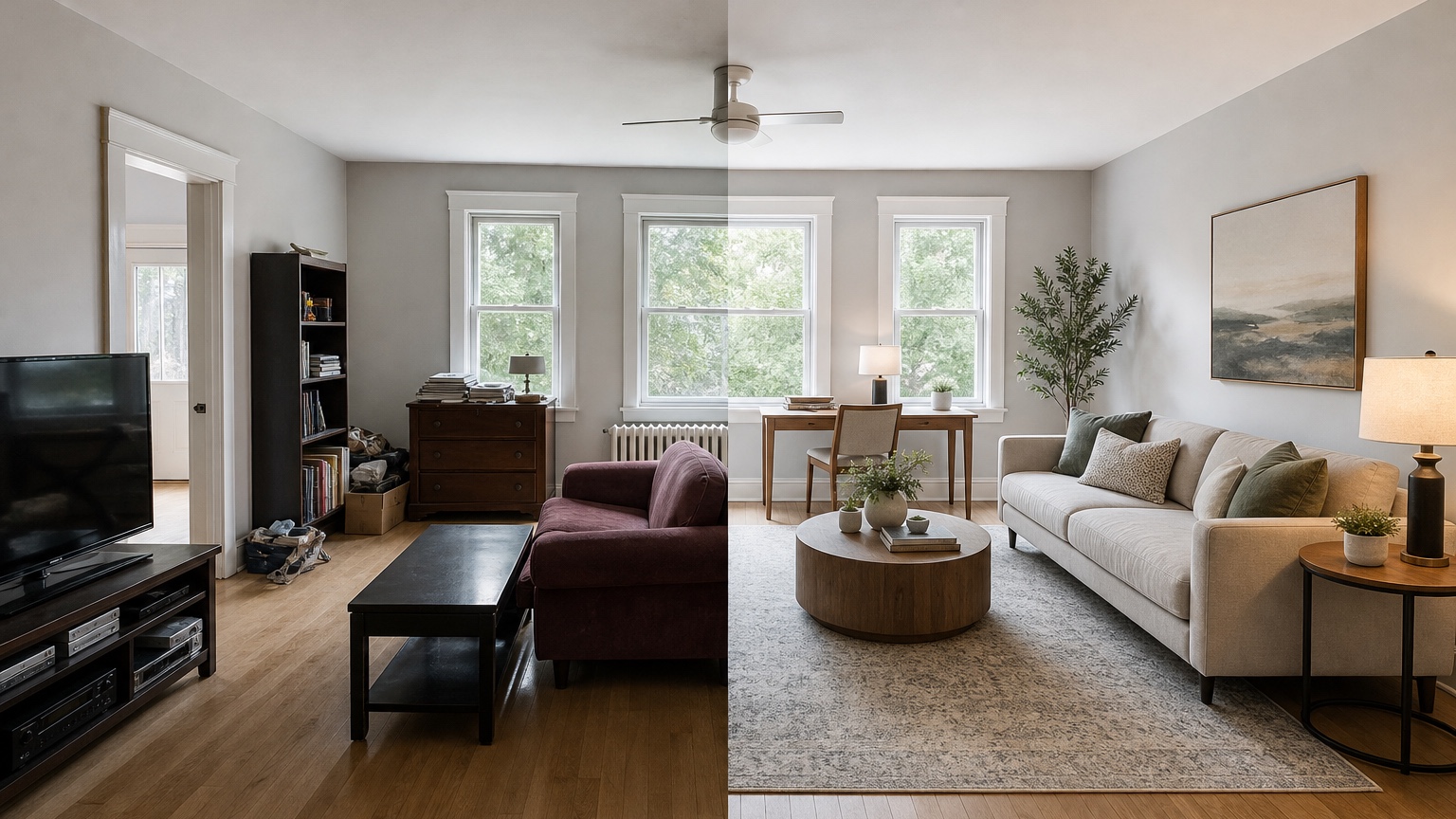 AI interior design from photo split view showing preserved architecture with alternative decor, lighting, rug, and furniture selections
