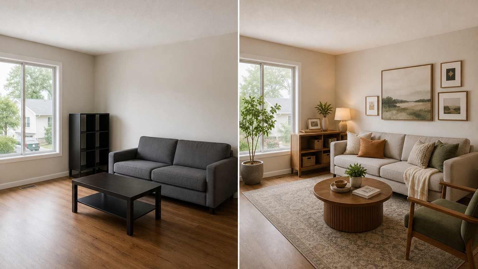 AI interior design ideas before and after showing a real room transformed into a more specific concept with preserved architecture and actionable decor changes