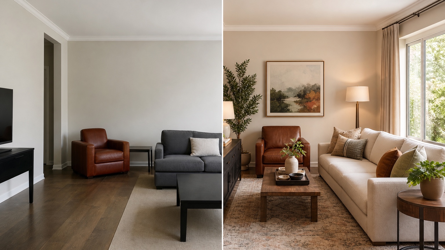 AI interior design ideas split view comparing three style families for the same uploaded room photo with notes for the next design experiment