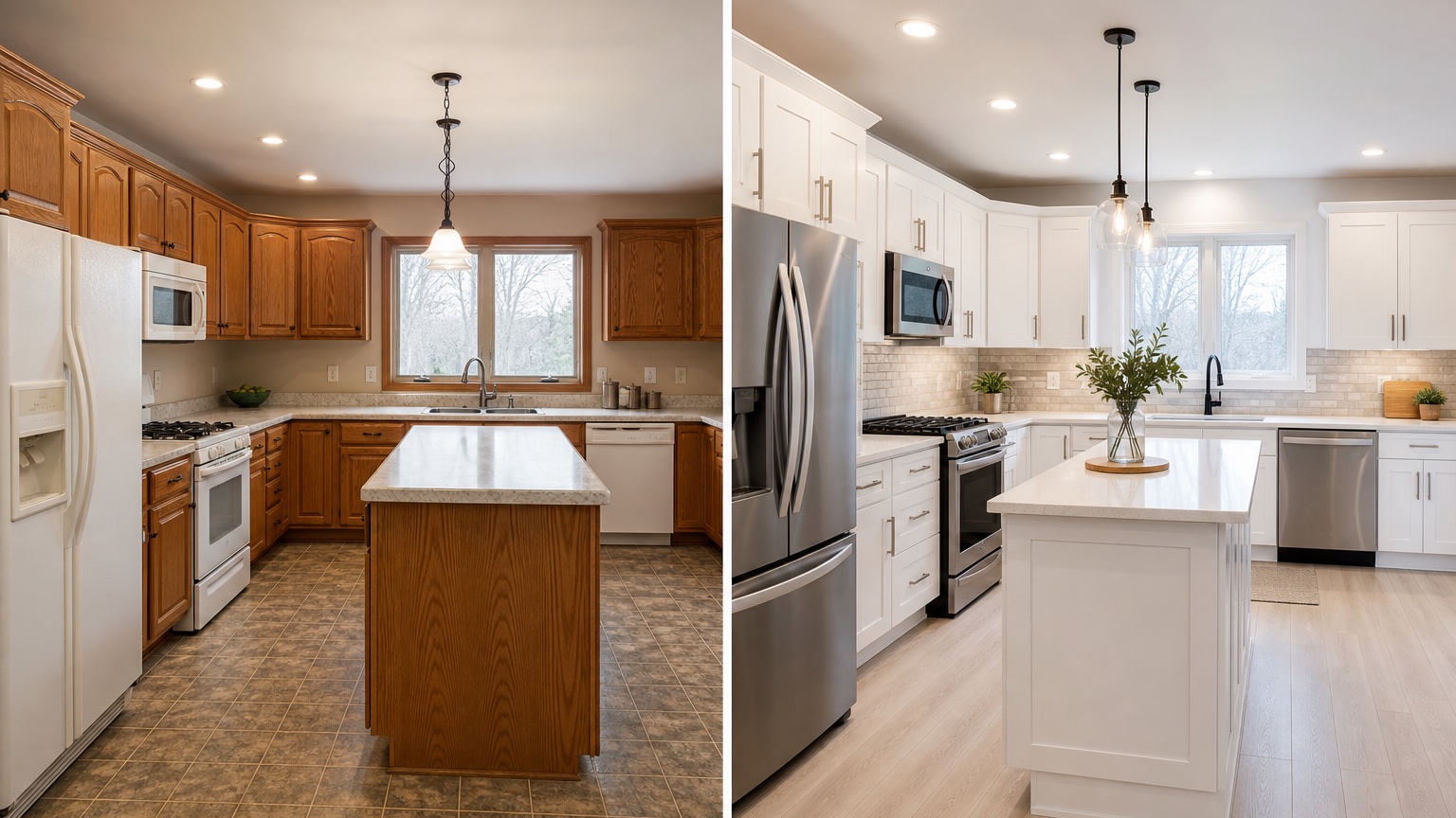 AI kitchen remodel visualizer before and after showing a real kitchen photo compared with new cabinet color, flooring, backsplash, and wall paint direction