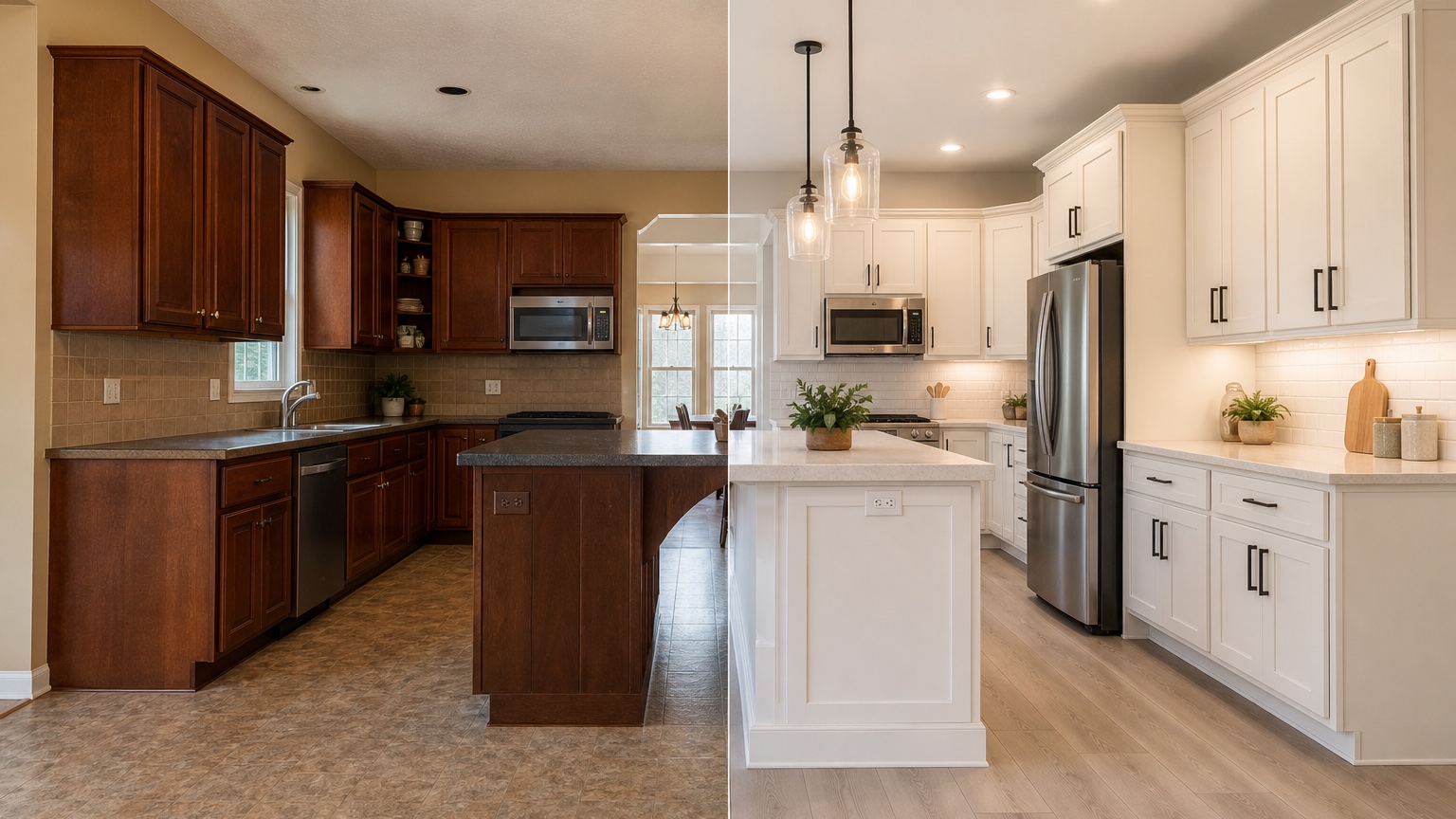 AI kitchen remodel visualizer split view comparing cabinet paint, floor material, backsplash tile, wall color, and hardware variations before buying materials