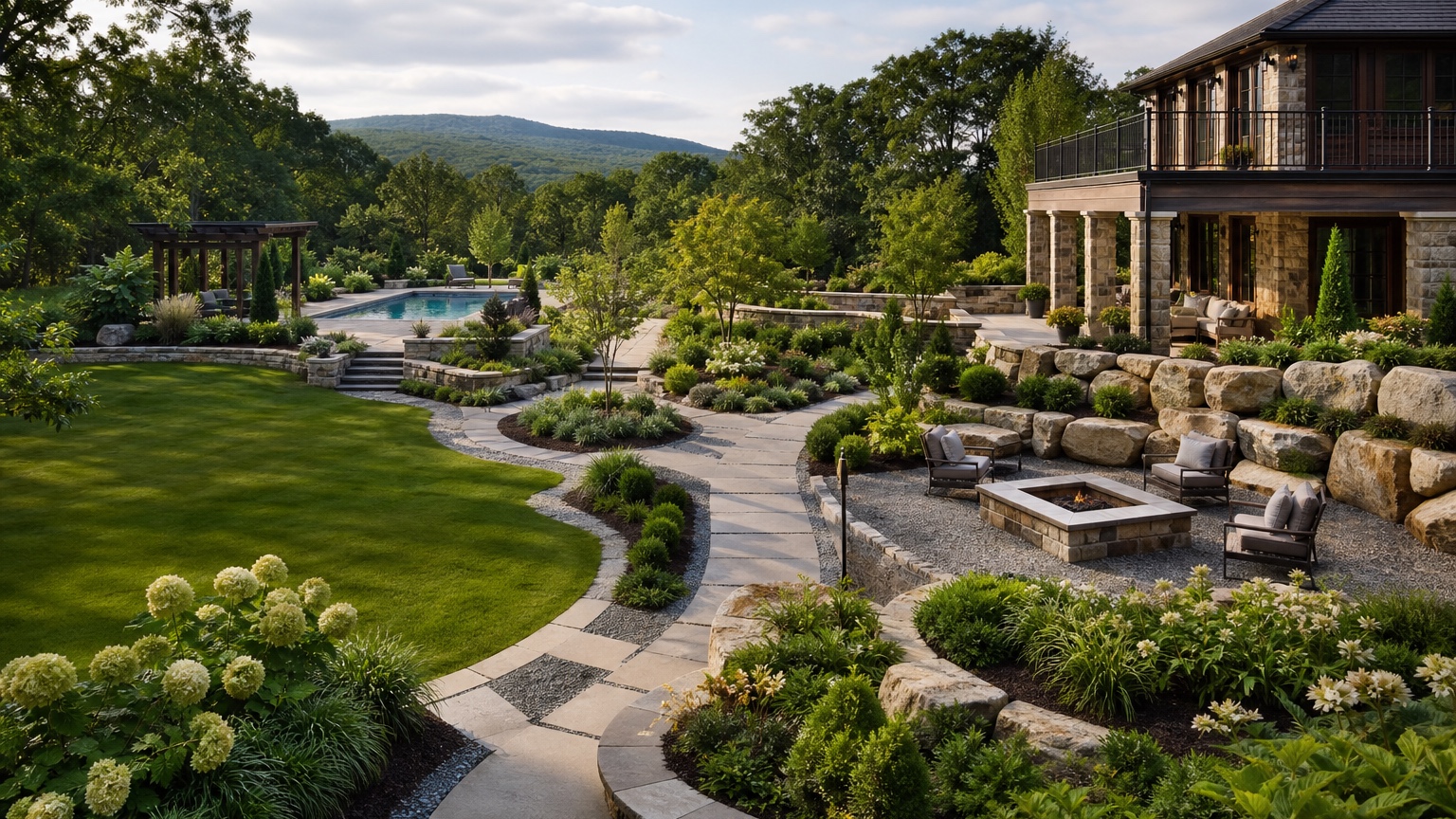AI landscape architecture generator showing an early outdoor concept with site structure, planting masses, paths, seating areas, and feasibility cues