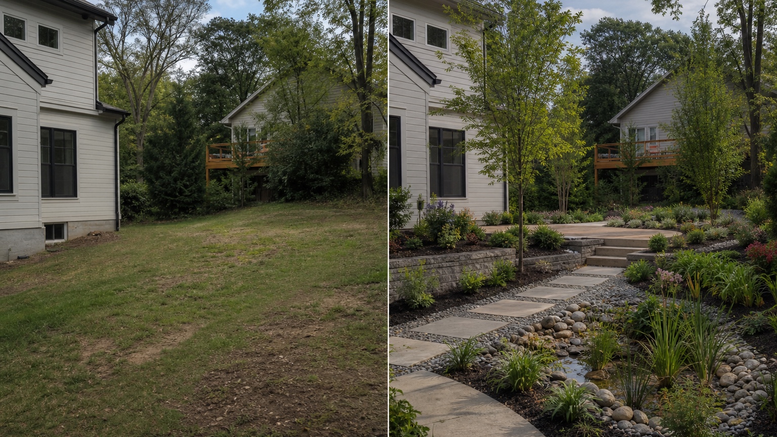 AI landscape architecture generator before and after side by side comparing an existing outdoor area with a clear early concept showing paths, planting structure, seating, and shade