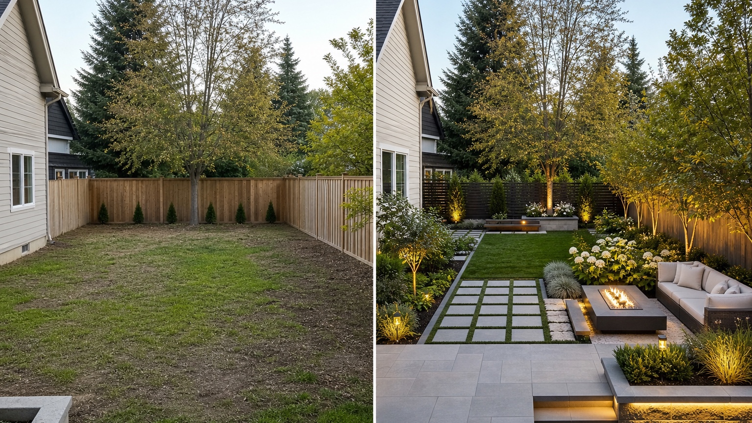AI landscape architecture generator split before and after showing a site transformed into an early outdoor concept with organized circulation, planting massing, shade, and seating
