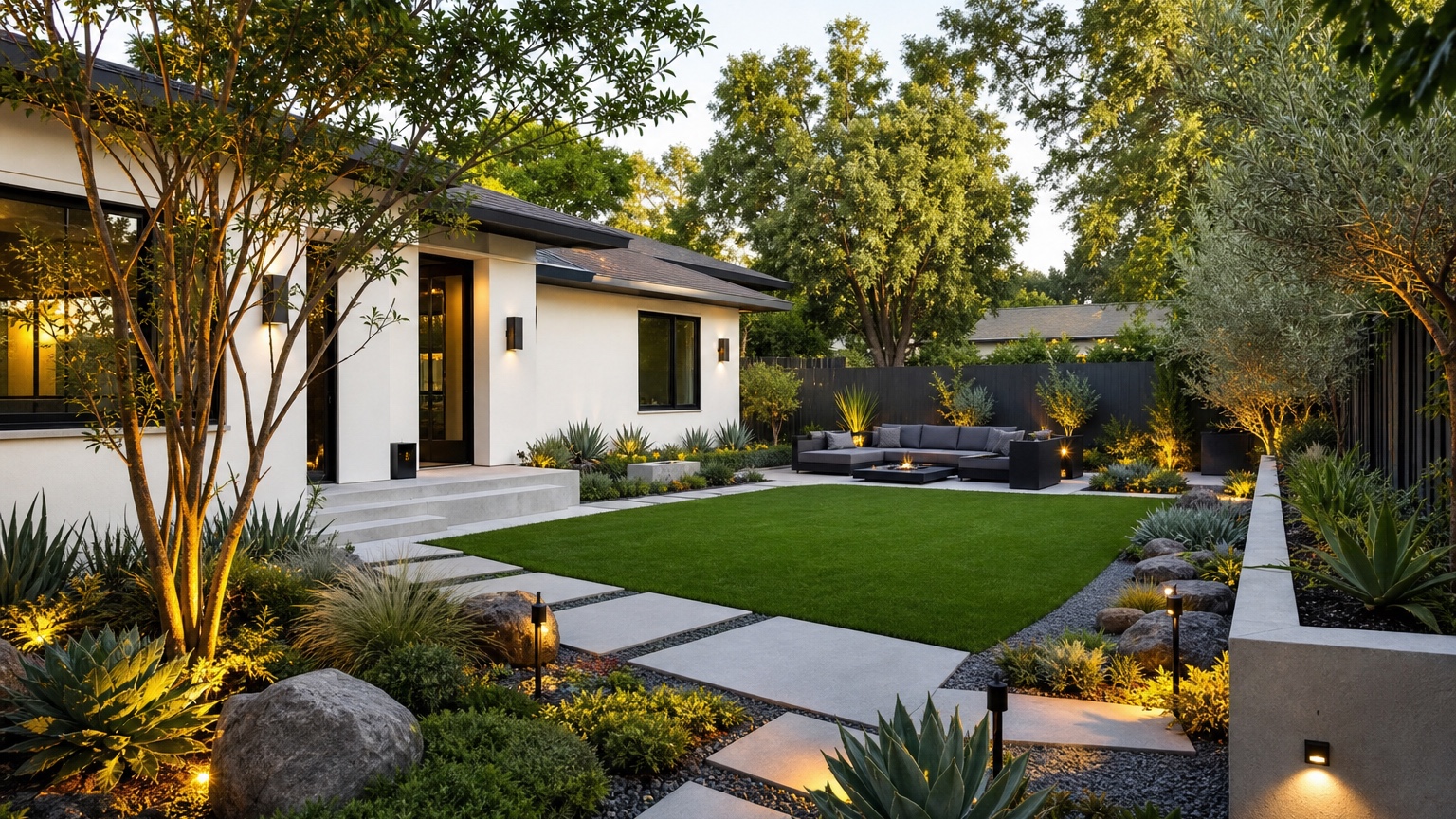 AI landscape design from photo showing a realistic redesigned residential yard with planting, paths, seating, and hardscape
