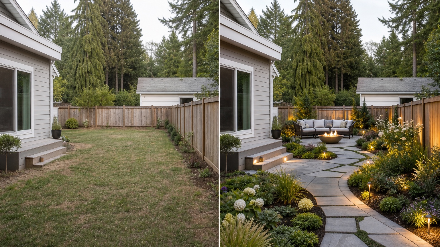 AI landscape design from photo before and after showing the same plain yard converted into a practical outdoor design concept