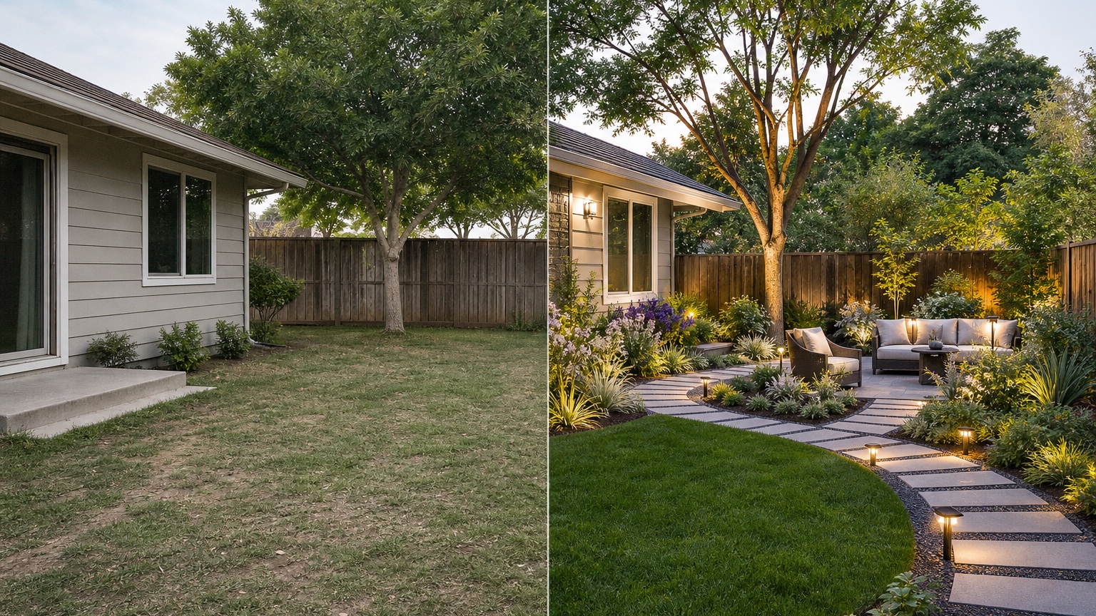 AI landscape design from photo split view showing a continuous yard transformed from sparse lawn to organized garden and patio design
