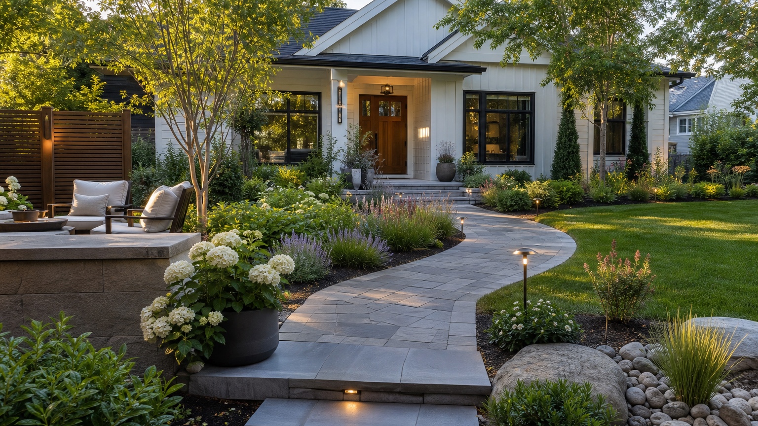 AI landscape design generator showing a finished residential yard with layered planting, paths, seating, and lighting