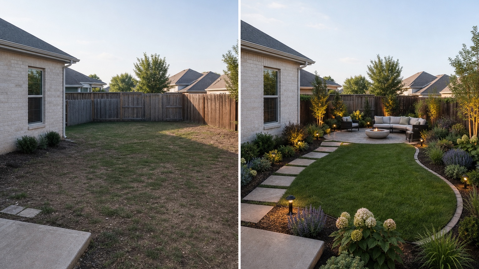 AI landscape design generator before and after comparing a plain yard with a practical upgraded landscape plan