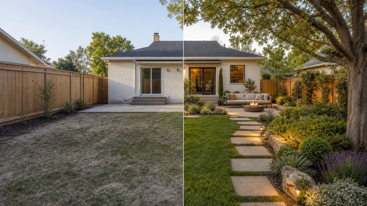 AI landscape design generator split view showing the same yard transformed with planting, path, seating, and lighting