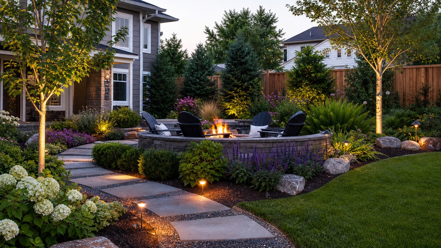 AI landscape visualizer showing a finished residential yard concept with realistic planting beds, outdoor circulation, lighting, and clear before-work decisions