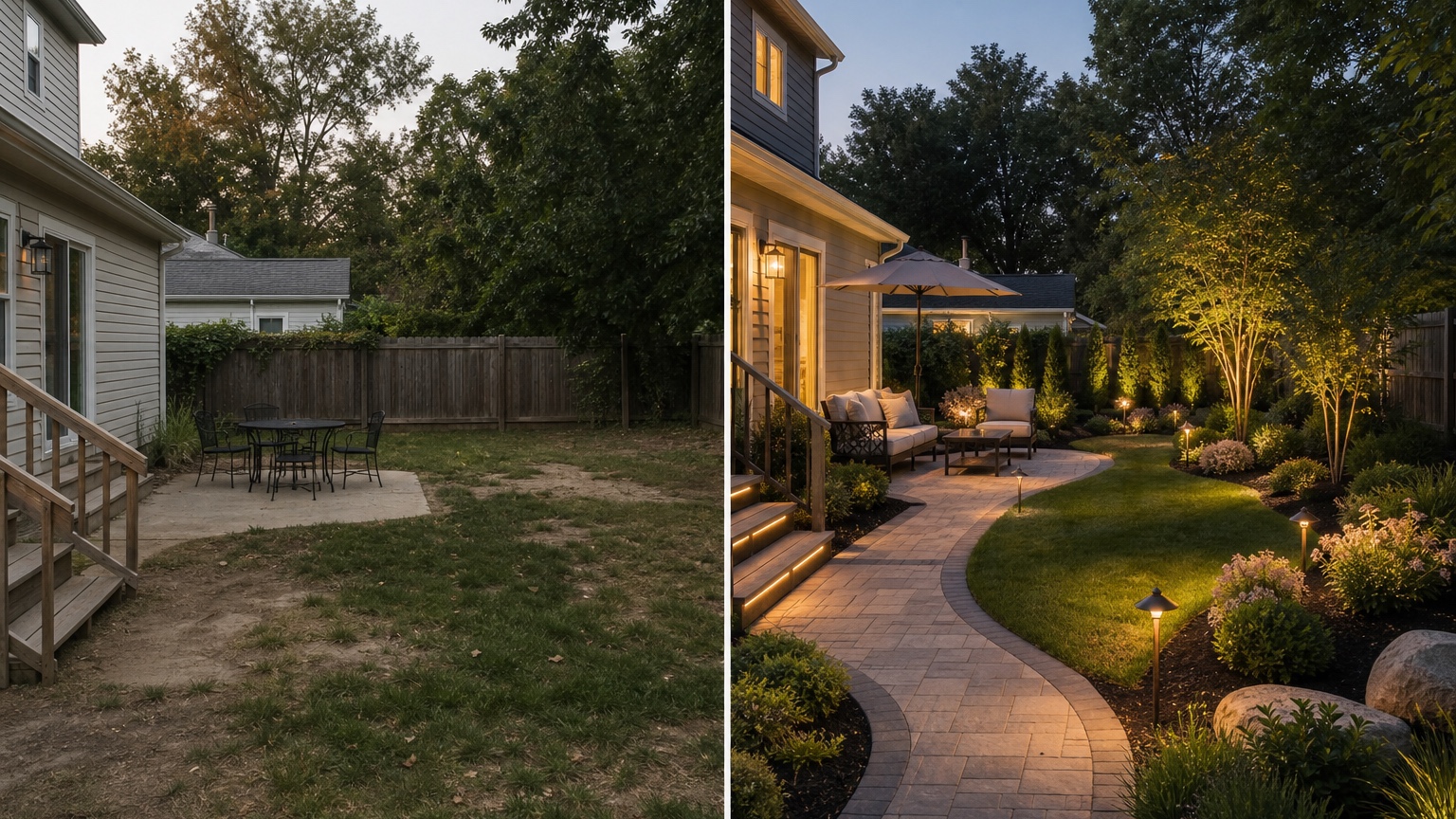 AI landscape visualizer before and after side by side comparing a plain yard with a realistic upgraded layout, planting structure, and outdoor circulation