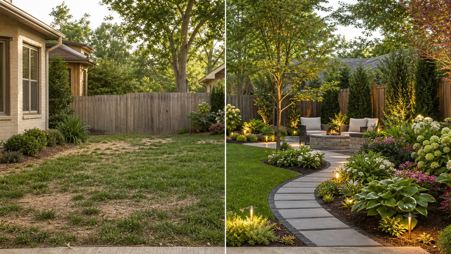 AI landscape visualizer split before and after showing the same property transformed with practical planting, pathways, lighting, and maintained site constraints