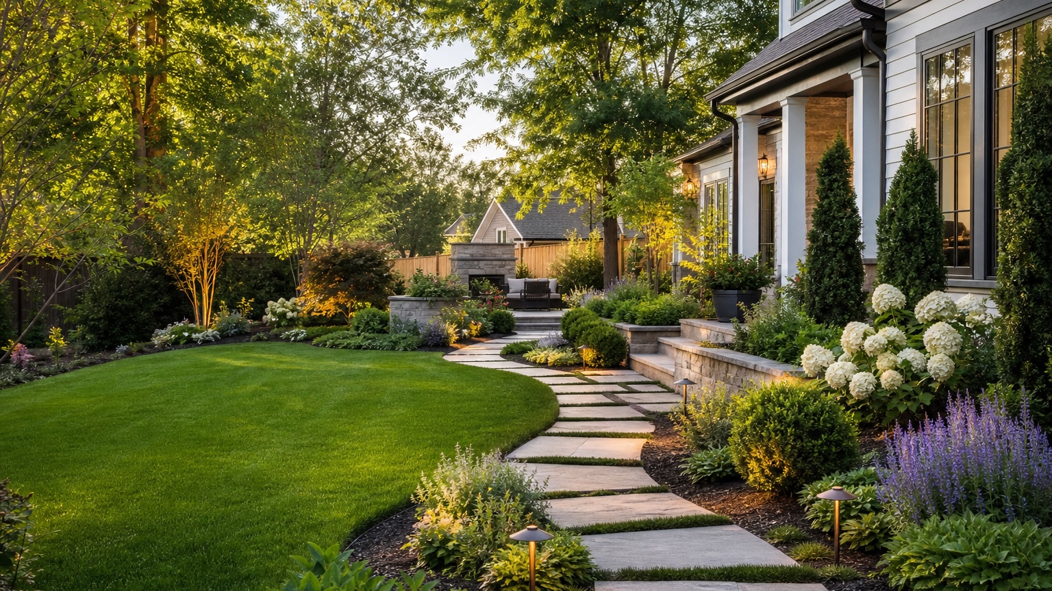 AI lawn makeover showing a finished residential yard with shaped lawn, planting borders, path edges, and a clearer outdoor plan