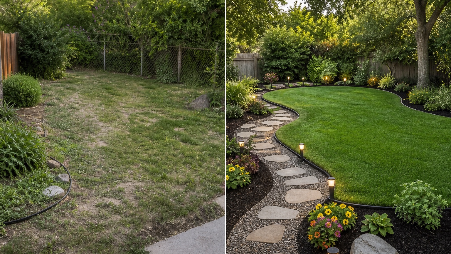 AI lawn makeover before and after side by side comparing a plain grass yard with shaped borders, a clearer path, and practical planting upgrades
