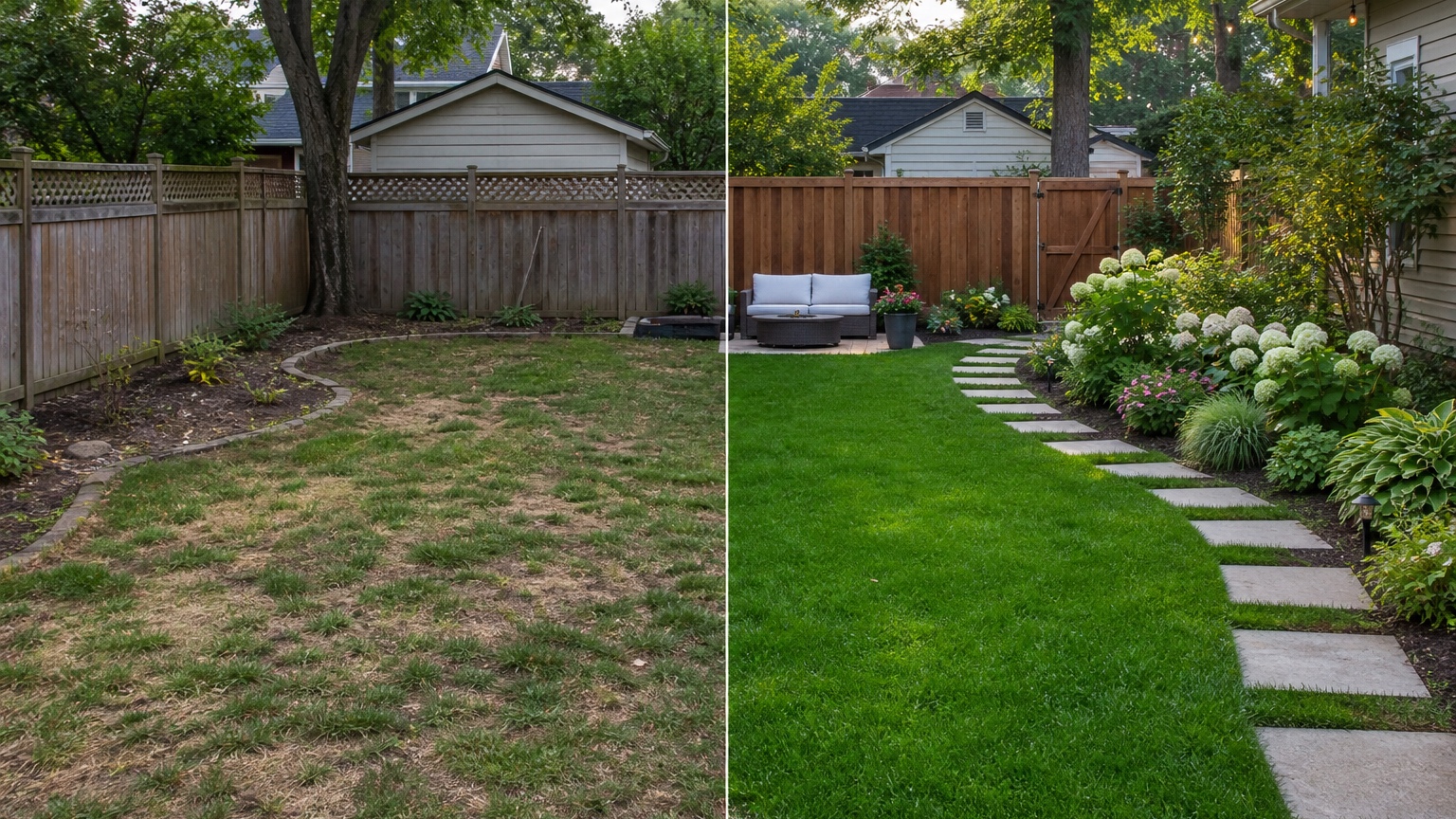 AI lawn makeover split before and after showing the same yard upgraded with a defined lawn panel, planting borders, and clear maintenance zones