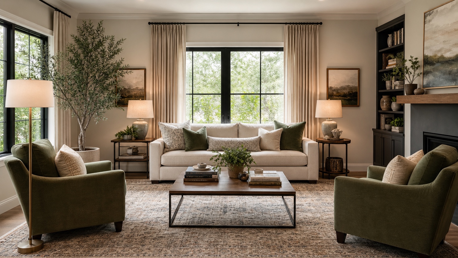AI living room design concept from a real photo showing a balanced furniture layout, calmer colors, layered lighting, and practical decor