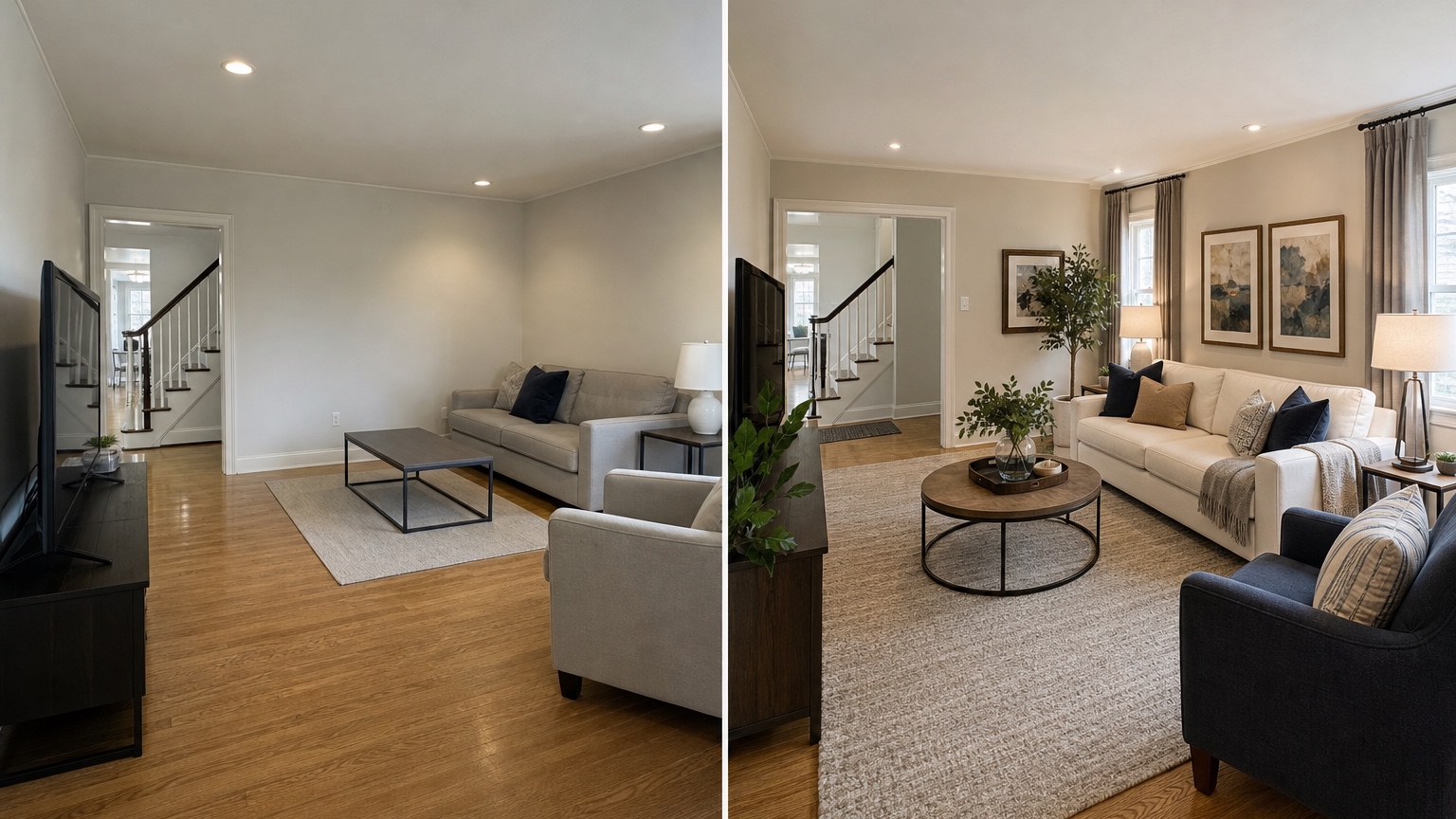 AI living room design before and after showing the original room next to a realistic layout with improved seating, rug scale, wall color, and lighting