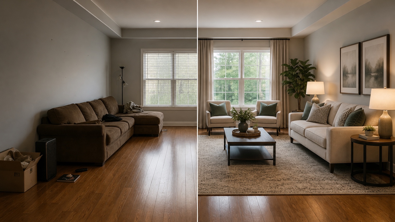AI living room design split view showing a real room transformed with better furniture scale, warmer palette, larger rug, layered lamps, and storage