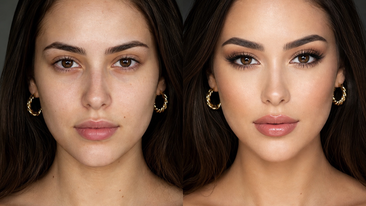 AI Makeup Generator for Natural, Glam, Bridal, and Creative Looks before and after makeup comparison