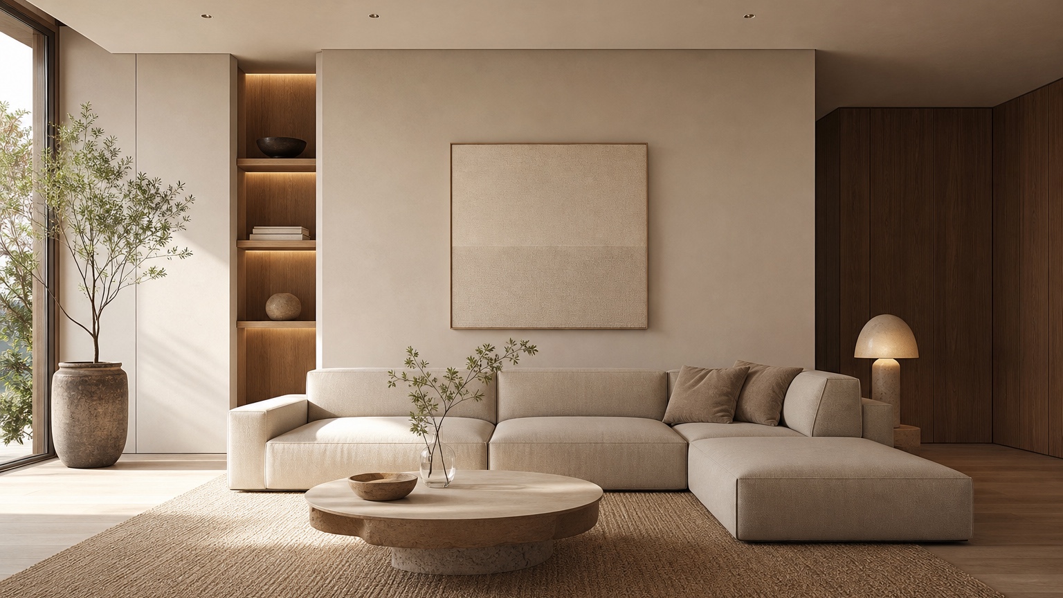 AI minimalist room design showing a clean modern room with warm materials, negative space, hidden storage, and edited decor
