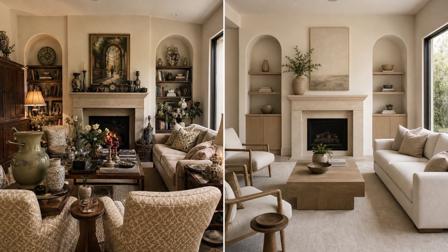 AI minimalist room design before and after showing clutter removed, surfaces simplified, and warmer modern materials added