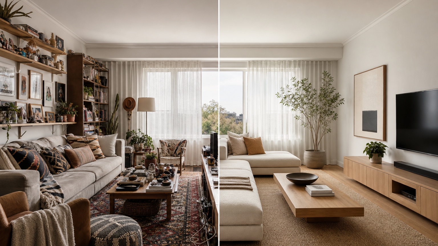 AI minimalist room design split view showing what to remove, what to replace, and what to conceal in a clean modern interior