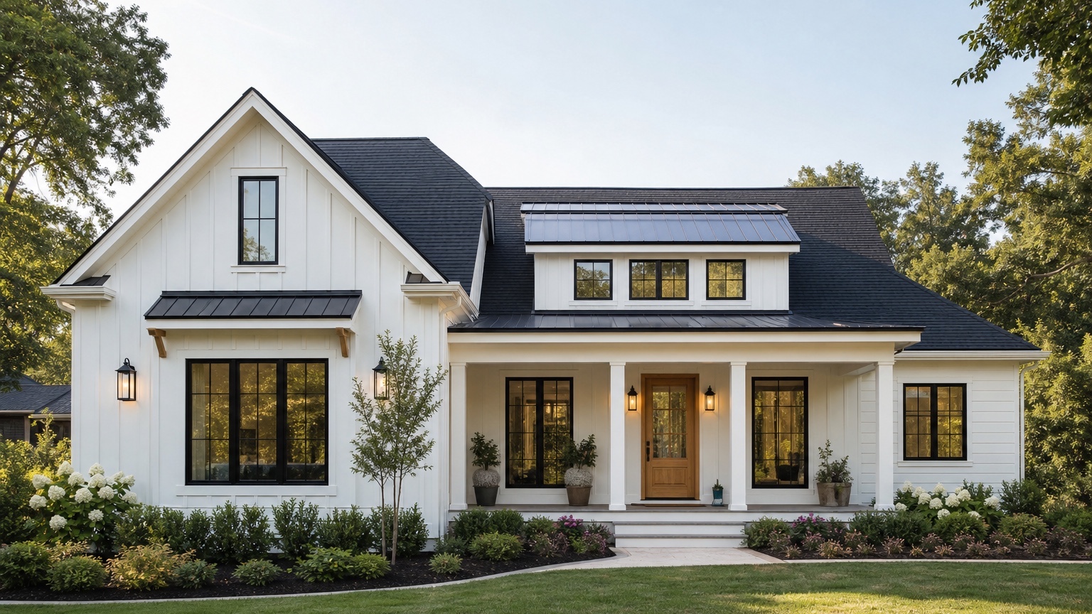 AI modern farmhouse exterior showing a finished white siding, black trim, and wood accent makeover