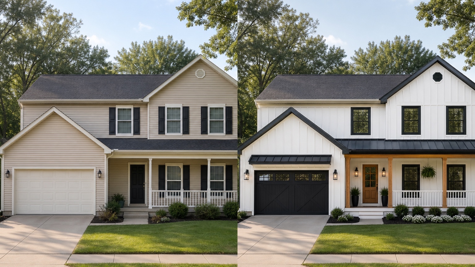 AI modern farmhouse exterior before and after side by side using the same camera angle
