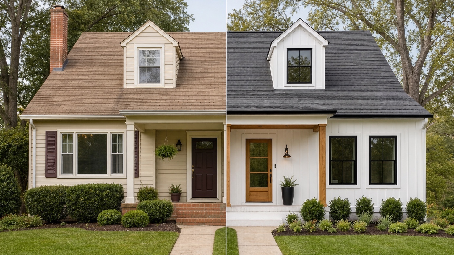 AI modern farmhouse exterior split view showing white siding, black trim, and wood entry changes on one facade
