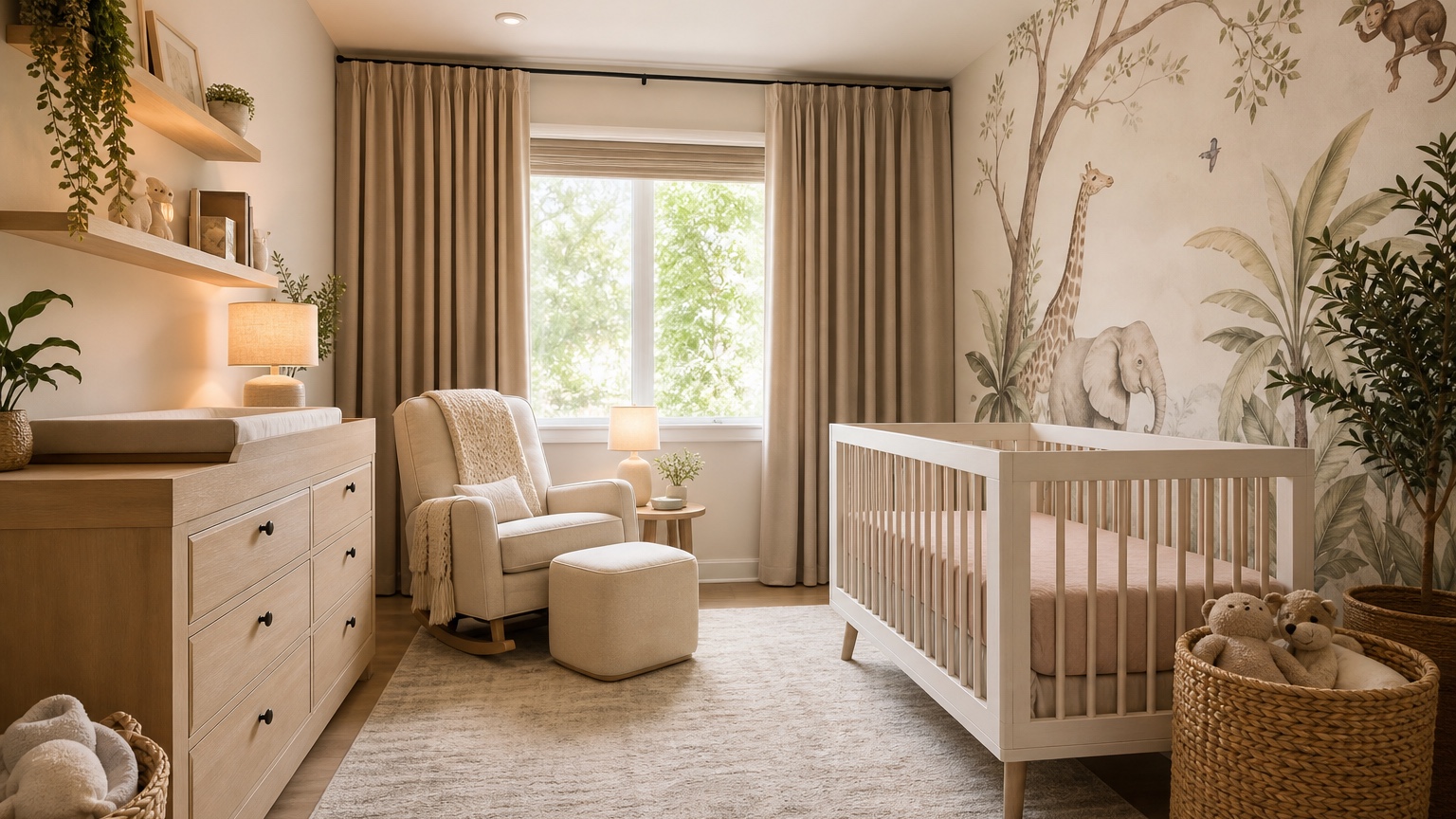AI nursery design generator preview showing a calm baby room with crib zone, glider corner, dresser storage, soft palette, and layered lighting