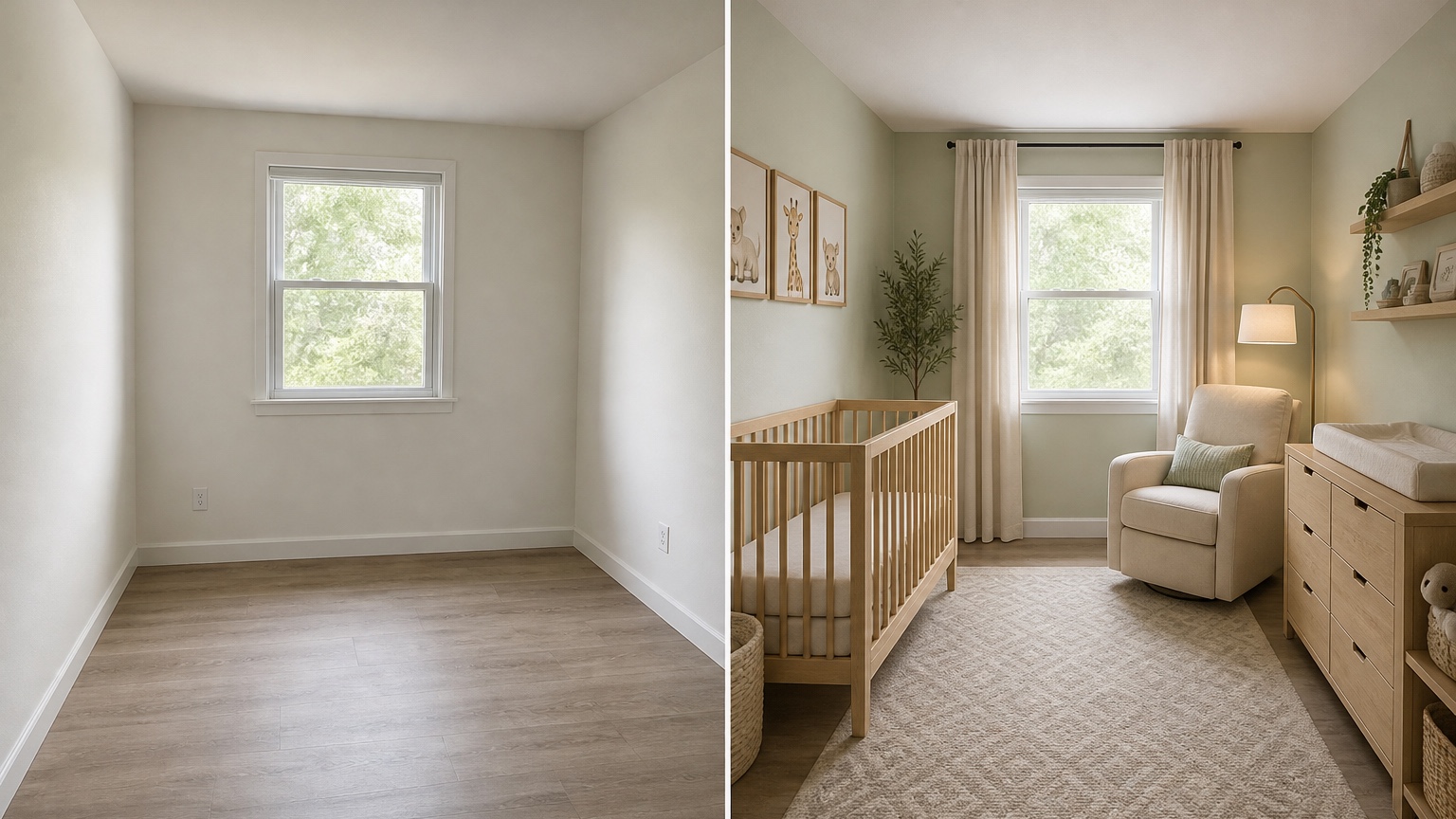 AI nursery design generator before and after showing an empty room transformed into a practical nursery with crib, glider, dresser, storage, curtains, and soft colors