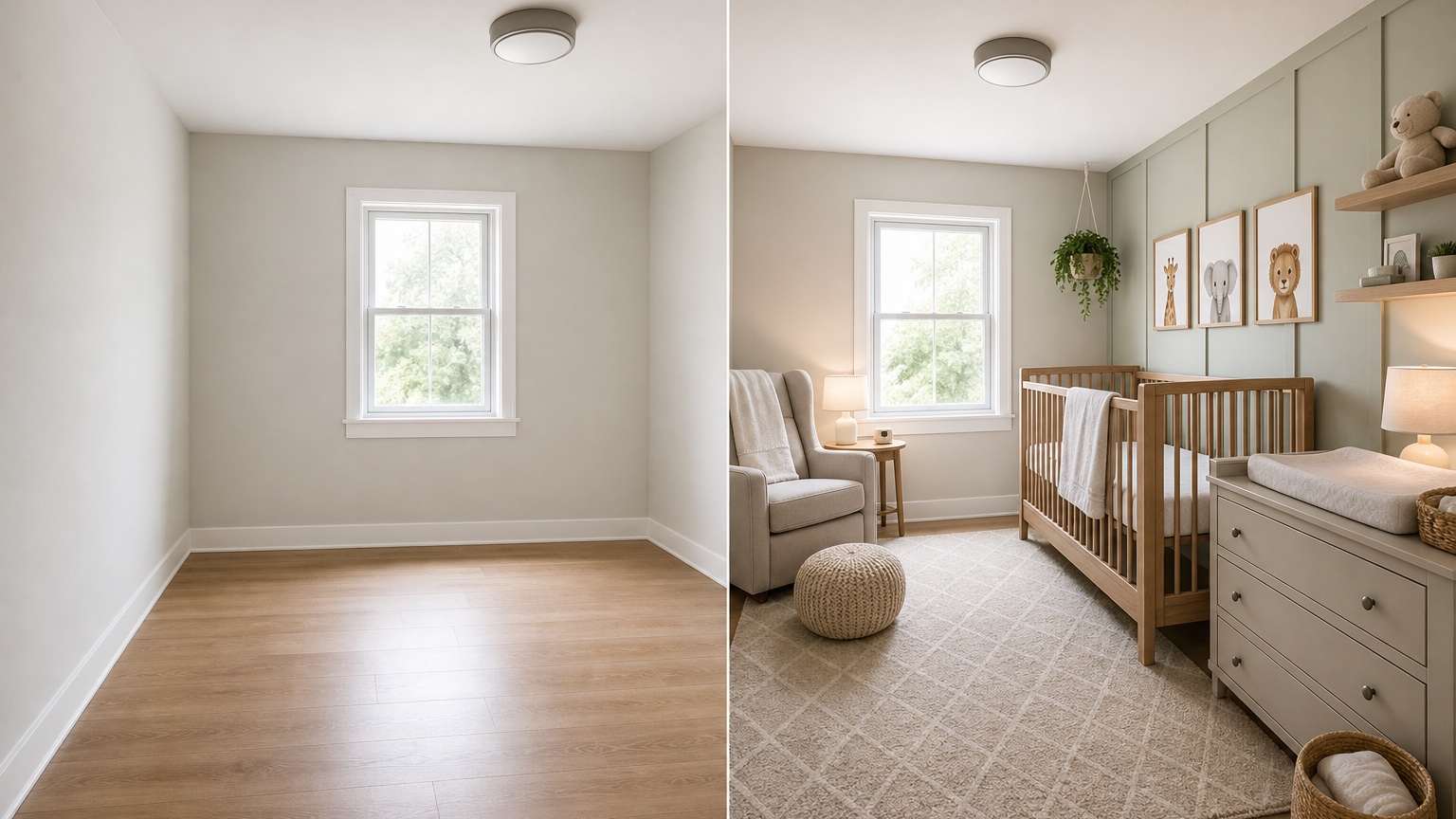 AI nursery design generator split view comparing calm nursery palettes, crib placement, glider zone, dresser storage, lighting, and growth-friendly decor