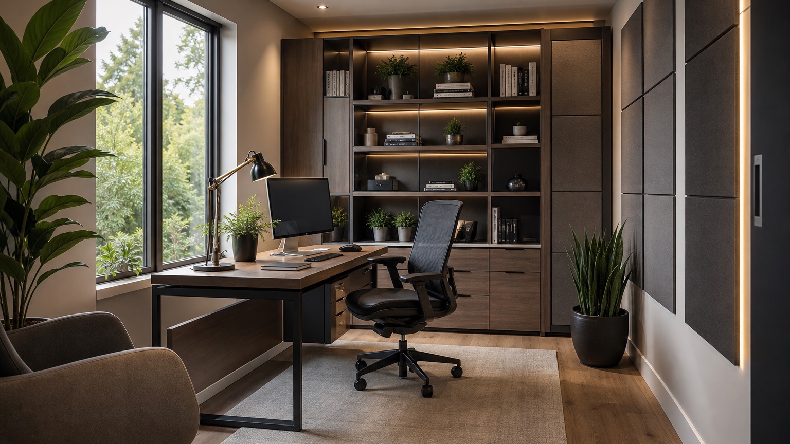 AI office design generator preview showing a compact home office with practical desk placement, storage, lighting, and a camera-ready video-call background
