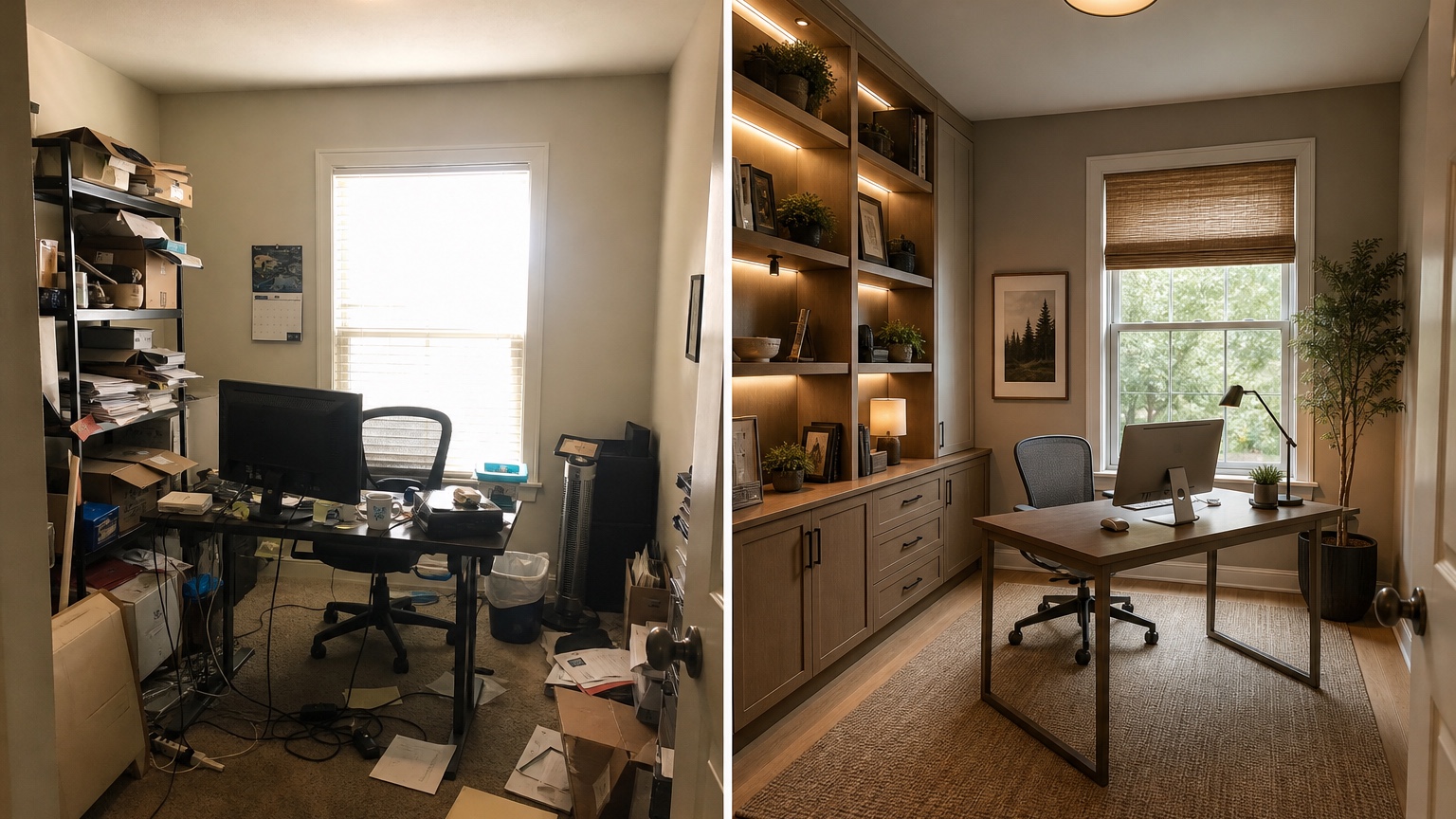 AI office design generator before and after comparing an existing spare-room office with improved desk orientation, lighting, storage, and video-call background