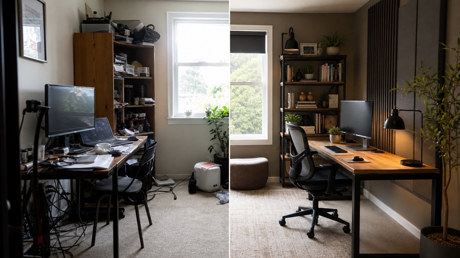 AI office design generator split view showing desk placement, storage, lighting, acoustics, and professional video-call background options for a small workspace