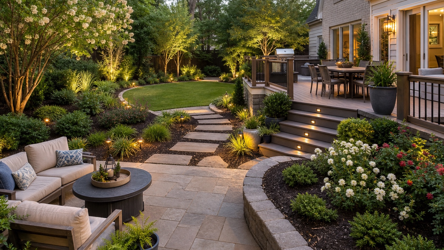AI outdoor living design finished backyard concept with patio dining, lounge seating, shade, privacy planting, and warm lighting
